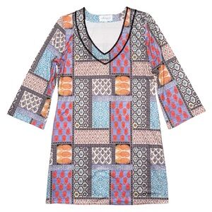 💙 Walker & Wade Patchwork V-Neck Beaded Shift Mini Dress Boho Coastal Summer